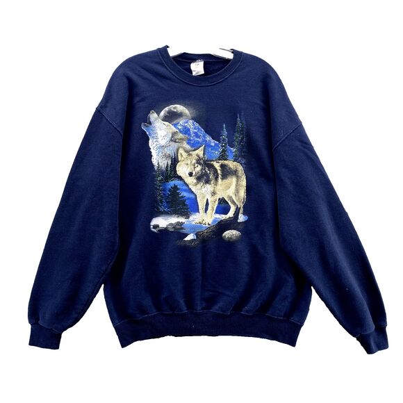 Vintage Jerzees Sweater Men's XL Navy Crew Neck 90s Single Stitch Wolf Full Moon - Picture 1 of 10